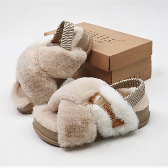 NWT Kuailu Women’s Beige Fuzzy Criss Cross Platform Slippers w/ Arch Support - 8 - Picture 8 of 9